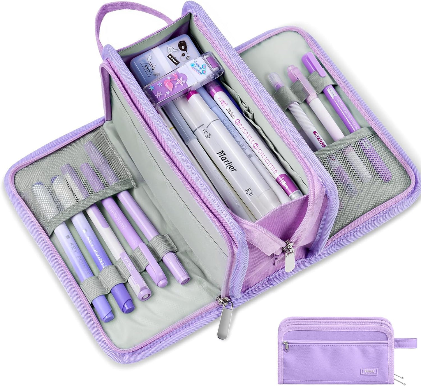 Sooez Large Pencil Case, Big Capacity Pencil Pouch Pen Bag with 3 Compartment, Portable Canvas Stationery Organizer with Zipper, Cute Aesthetic School Supplies for Teen Girls College, Pink with Plaid