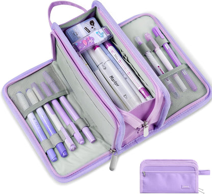 Sooez Large Pencil Case, Big Capacity Pencil Pouch Pen Bag with 3 Compartment, Portable Canvas Stationery Organizer with Zipper, Cute Aesthetic School Supplies for Teen Girls College, Pink with Plaid