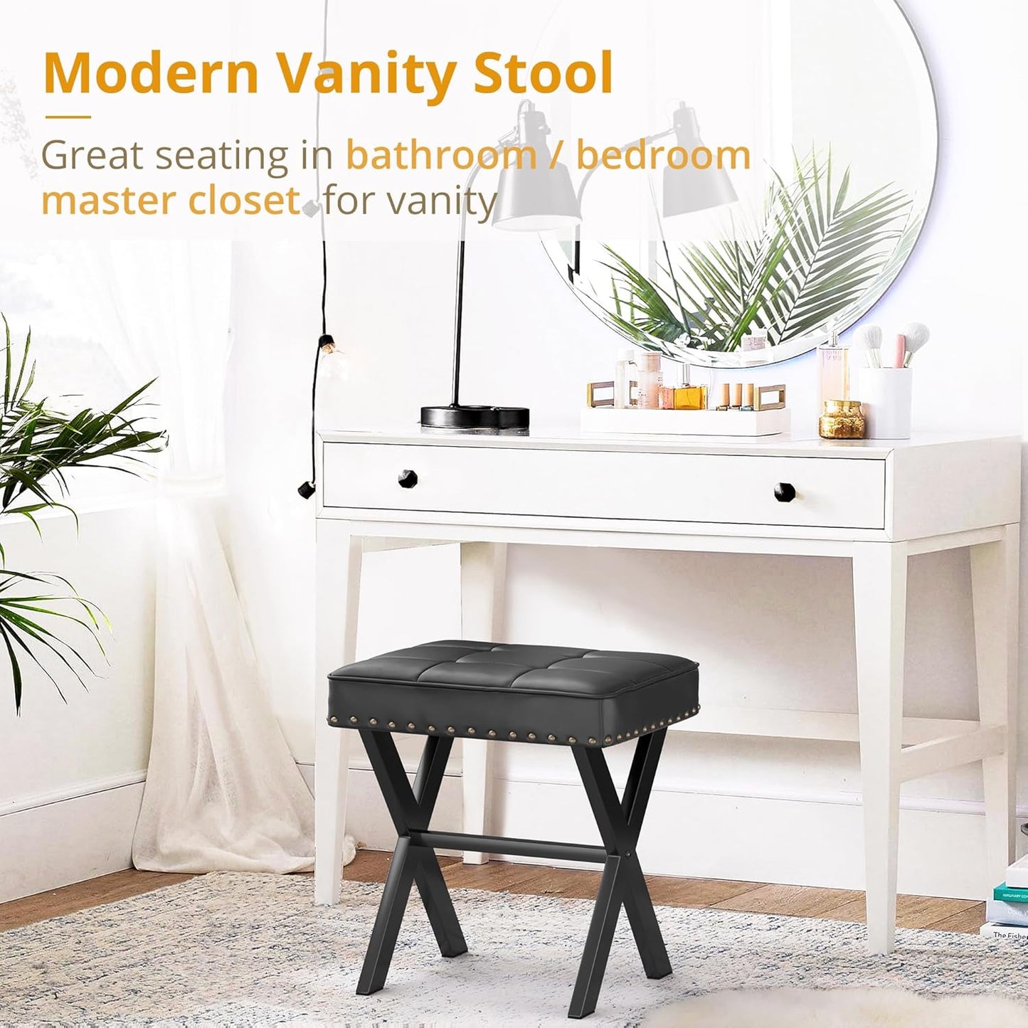 LUE BONA Square Linen Makeup Stool, Metal X Legs, Small Ottoman Stool Chair for Vanity, Modern Padded Seat Foot Rest for Makeup Room, Bathroom