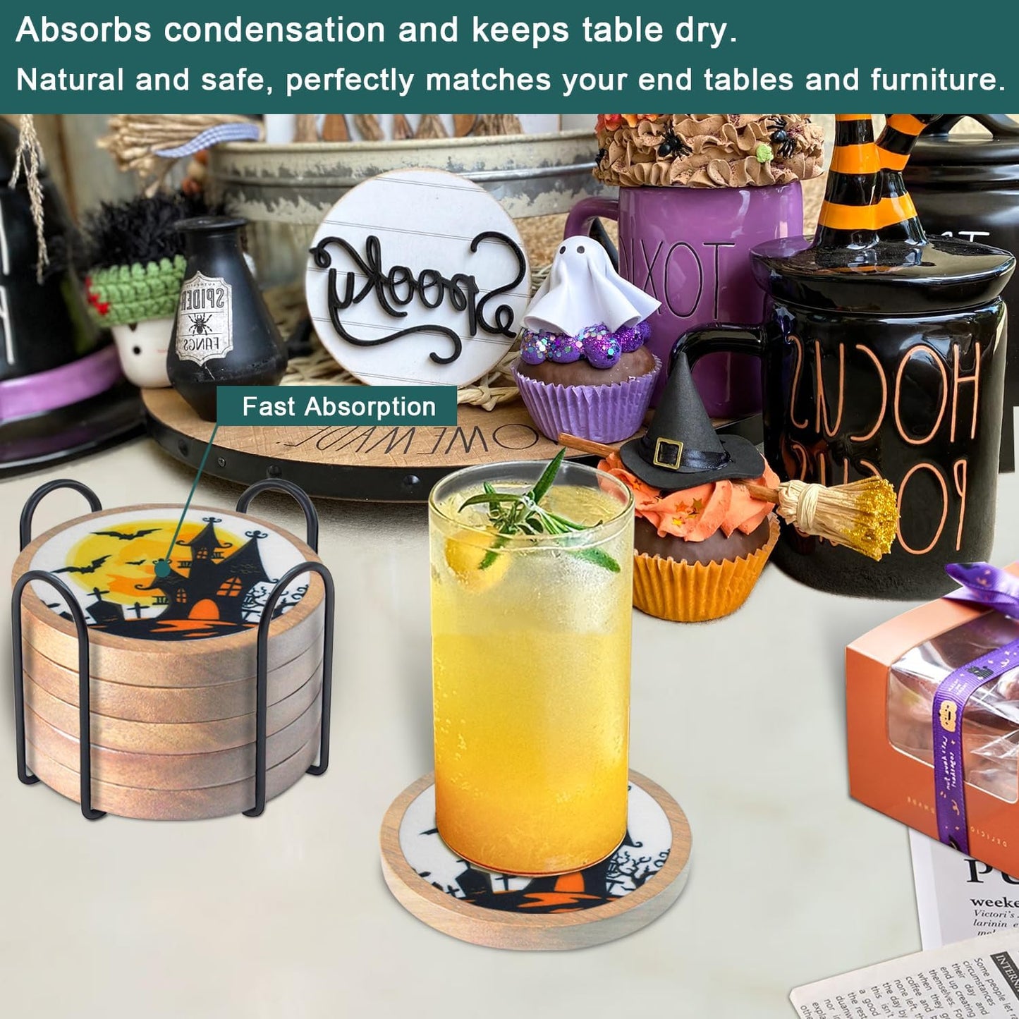 Wood Coasters for Drinks, Minacun Absorbent Coaster Sets of 5, Drinks Coasters for Coffee Tabletop Protection, Non-Slip, Non-Stick, Suitable for Kinds of Cups Wooden Table Drink, 4.3 Inches Black