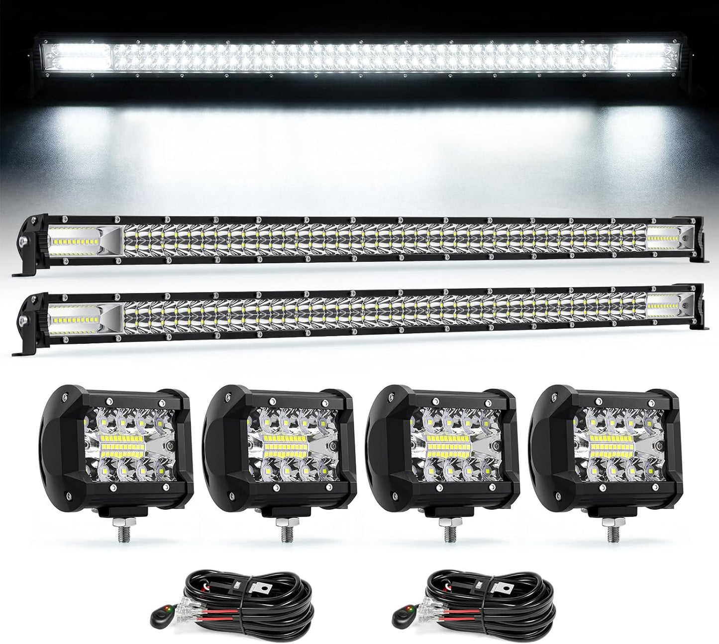 LED Light Bar Kit, 32Inch 585W Ultra Slim Double Row Light Bars, 4PCS 72W Led Cube Pods with Wiring Harness, Off Road Driving Fog Work Lights for Trucks SUV ATV UTV Tractor Pickup Boat