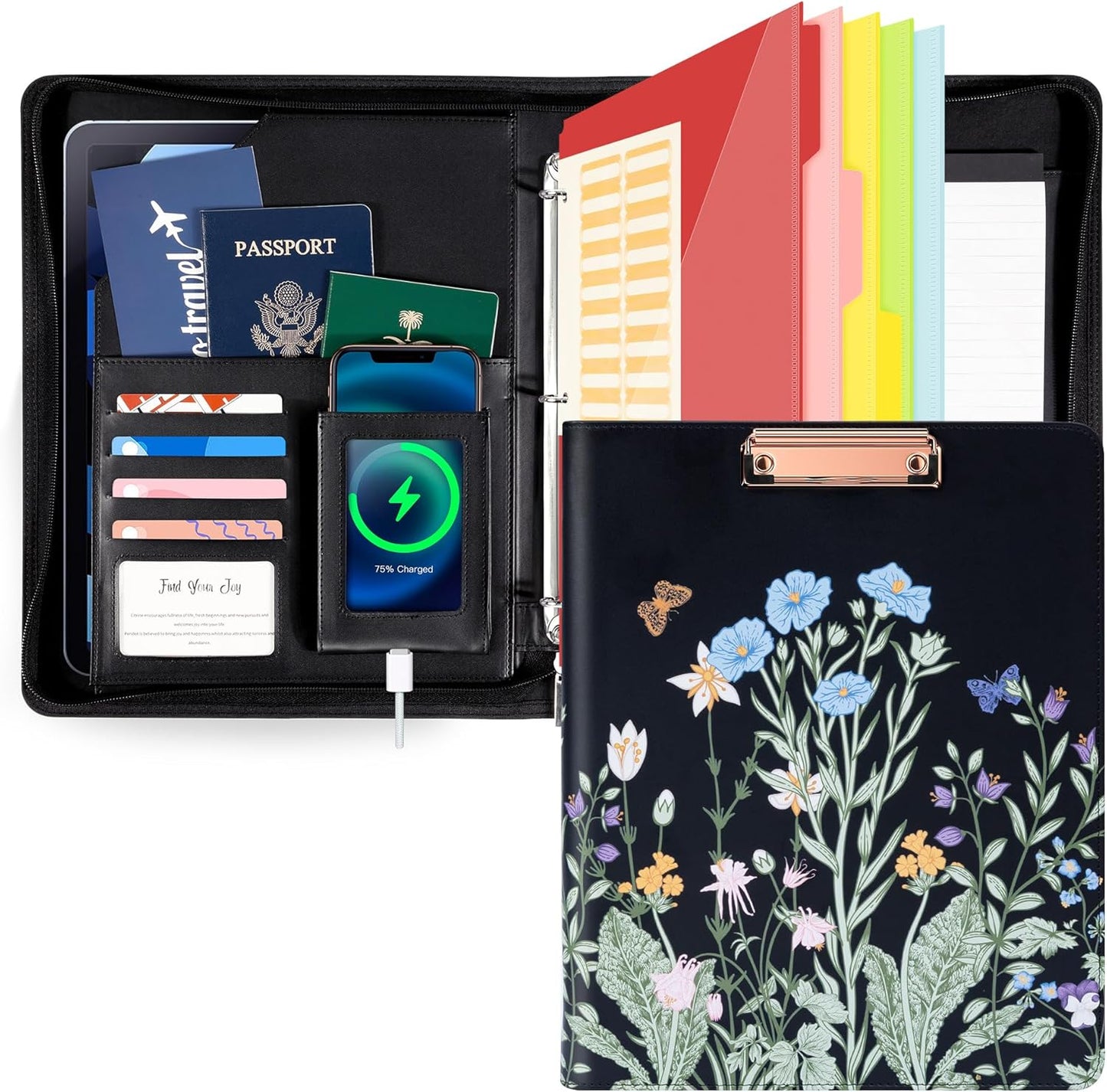 Ospelelf Zippered Padfolio Organizer, Faux Leather 3 Ring Binder with Clipboard, Letter Size Business Portfolio with Notepad, Tablet Sleeve & Phone Pockets for Office Work Brown