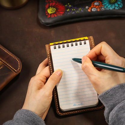 Genuine Leather 3x5 Top-Spiral Notebook Cover, Pocket Notepad Holder Compatible with Rite in the Rain 3" x 5" Memo Pads, Hand-Stitched EDC Case