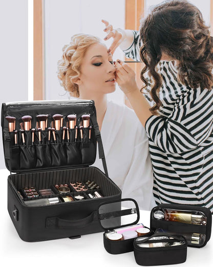 Relavel Makeup Case Large Makeup Bag Professional Train Case 16.5 inches Travel Cosmetic Organizer Brush Holder Waterproof Makeup Artist Storage Box, 3 Layer Large Capacity, with Adjustable Strap