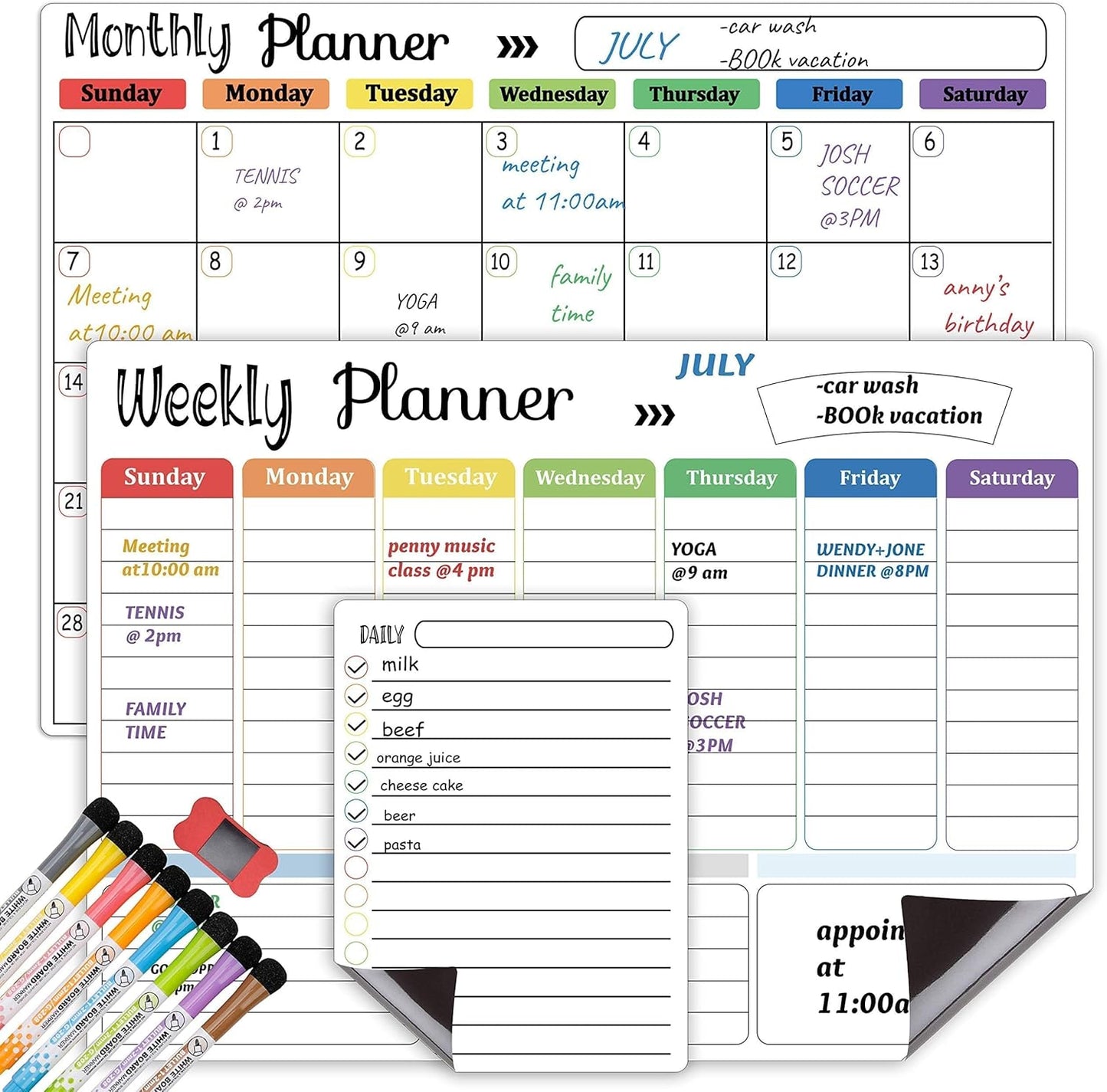 Hivillexun 3-Pack Magnetic Dry Erase Calendar Whiteboard Set for Fridge, Wall & Refrigerator Organisation – Monthly, Weekly & Daily Planners – Includes 8 Markers & Eraser