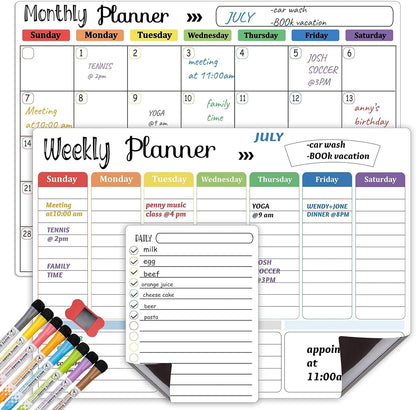 Hivillexun 3-Pack Magnetic Dry Erase Calendar Whiteboard Set for Fridge, Wall & Refrigerator Organisation – Monthly, Weekly & Daily Planners – Includes 8 Markers & Eraser