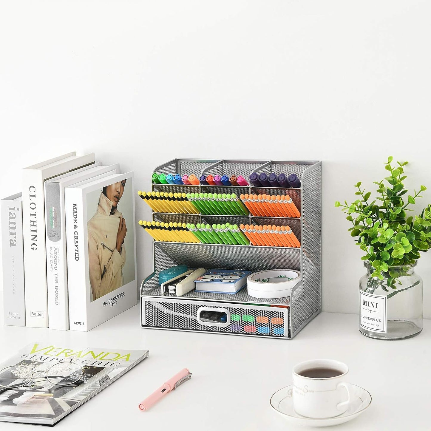 Marbrasse Larger Mesh Desk Organizer with Drawer, Multi-Functional Pen Pencil Holder, Easy Assembly, Desk Organizers and Accessories for Office Art Supplies (Black)