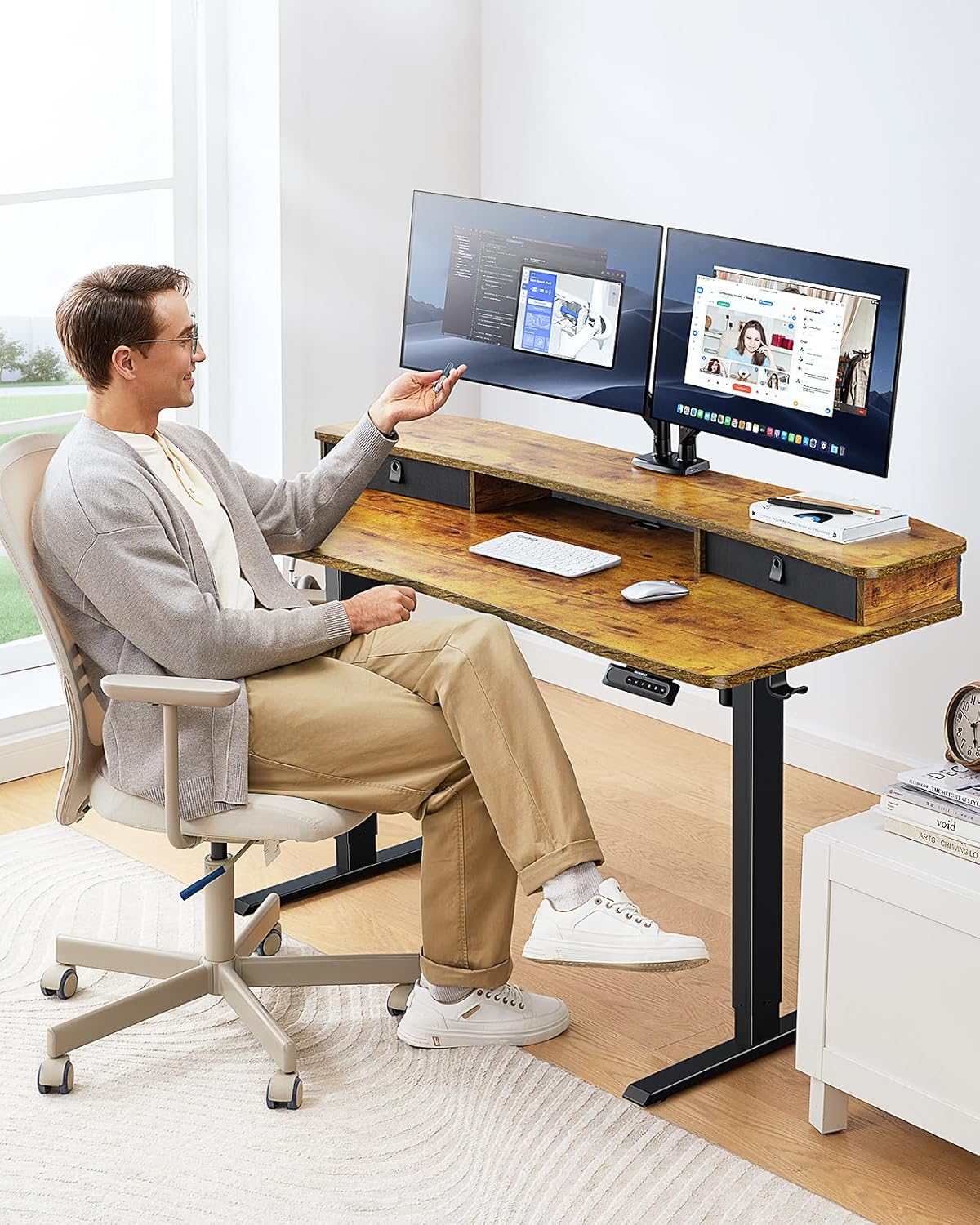 HUANUO 48″ x 24″ Electric Standing Desk with 2 Drawers, C-Clamp Mount Compatible, Height Adjustable Computer Desk, Home Office Stand Up Desk with 4 Preset Heights & 2 Hooks, Black