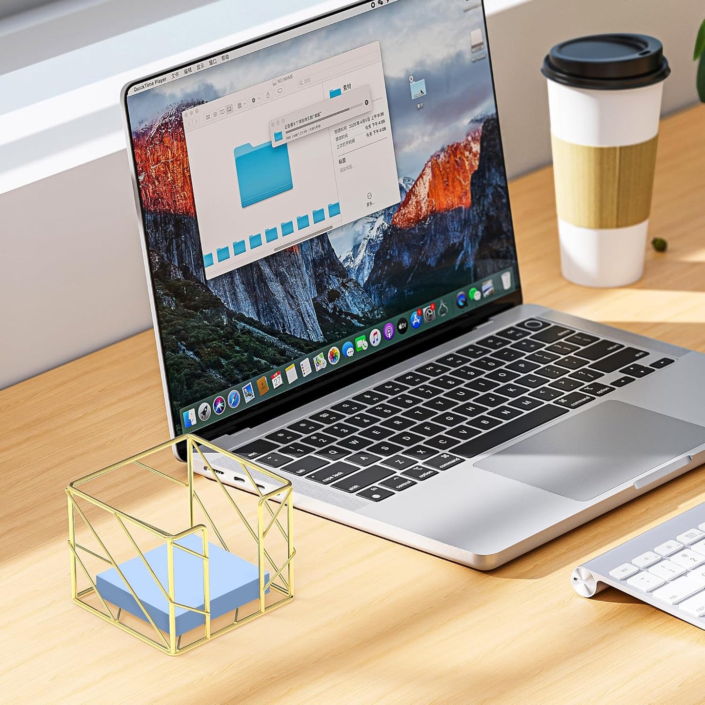 Rose Gold Geometric Sticky Note & Memo Cube Holder, Post Note Dispenser & Desk Organizer Metal Wire for Home, School, Office Supplies (Holder Only)