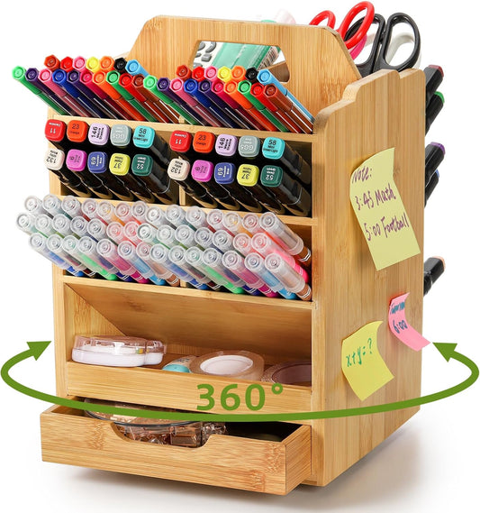 SOUJOY Bamboo Pen Holder Organizer, 360°Rotating Art Supply Storage Caddy, Hold 400+ Pencils, 15 compartments Office Desk Stand Box with Handle for Marker Pens, Colored Pencil, Art Brushes