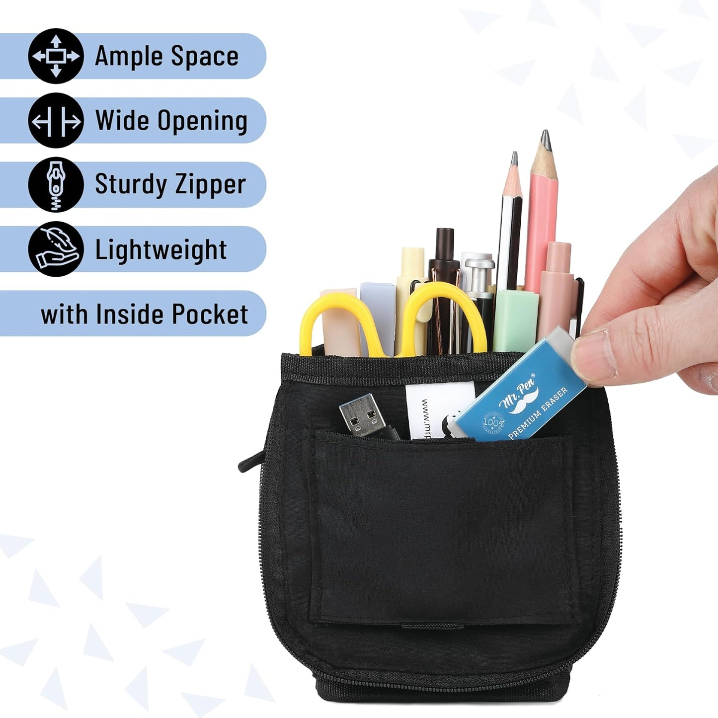 Mr. Pen- Standing Pencil Case Pouch, Sit & Lay Mesh-View Design, Black & Gray, Interior Pocket & 2 Elastic Binder Loops, Cute Pencil Case for Girls and Boys