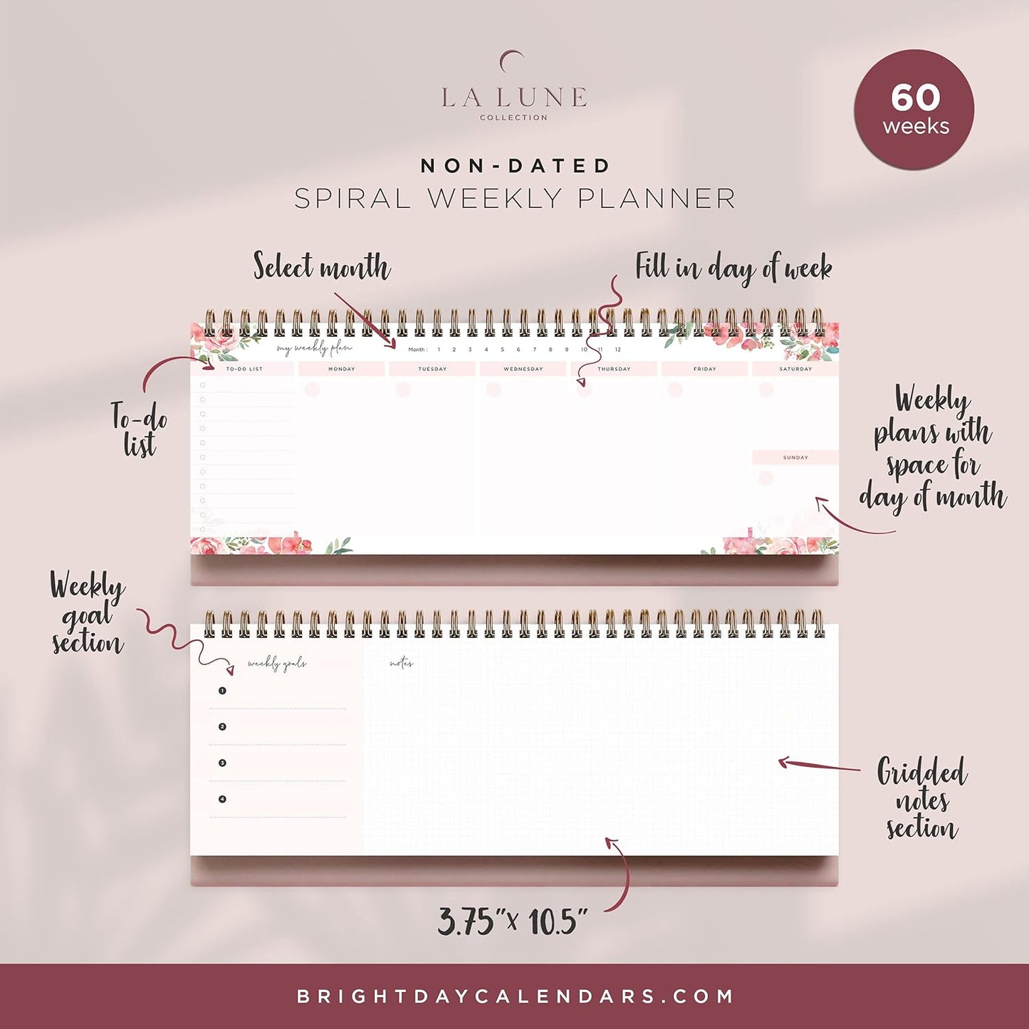 Belle Fleur Non-Dated Spiral Weekly Desk Calendar Planner, 60 Week Inspirational to Do List Pad Desktop Stand, 3.75" x 10.5", La Lune Collection by Bright Day