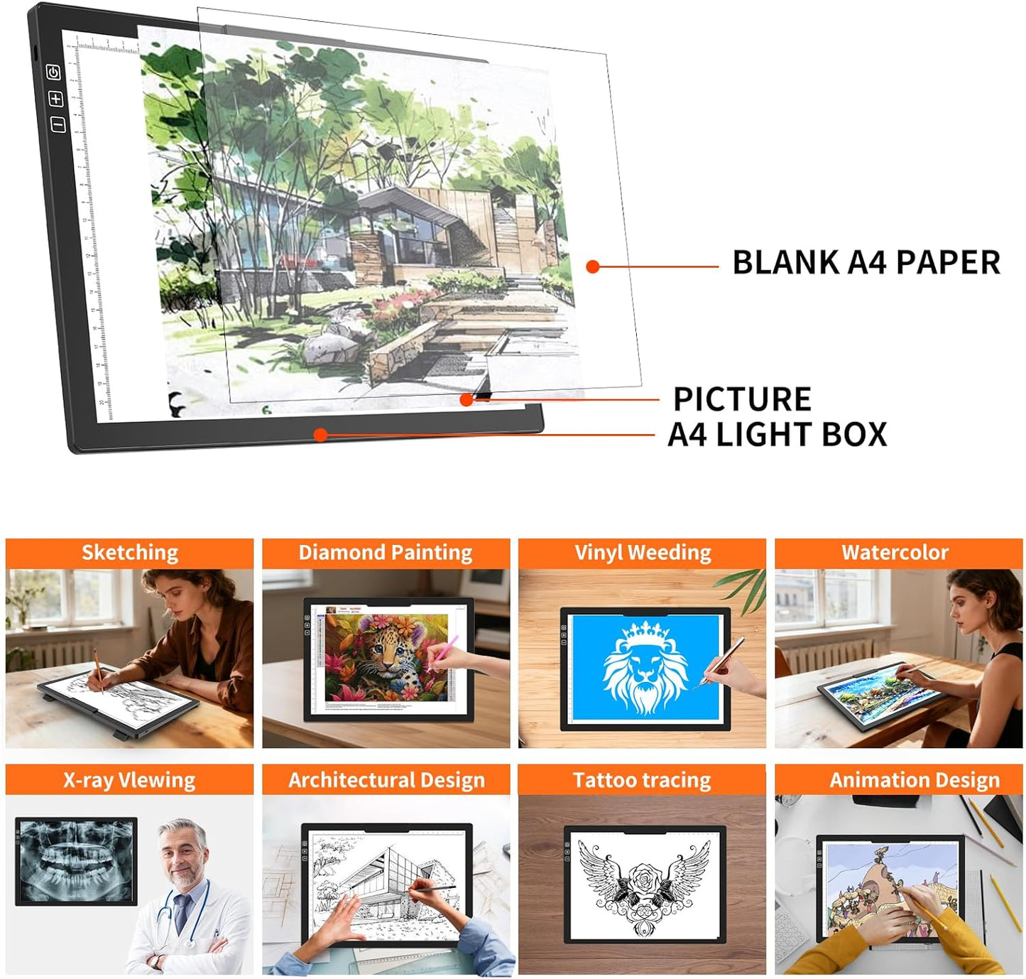 HIUKCOLED Rechargeable A4 Light Pad, Battery Powered Light Board with Carry Bag, Built-in Top Clip＆Stand, Stepless Dimmable＆6-Level Brightness Adjustable, Wireless LED Tracing Box for Weeing Vinyl