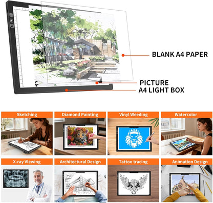 HIUKCOLED Rechargeable A4 Light Pad, Battery Powered Light Board with Carry Bag, Built-in Top Clip＆Stand, Stepless Dimmable＆6-Level Brightness Adjustable, Wireless LED Tracing Box for Weeing Vinyl
