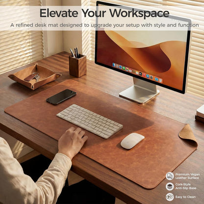 Premium Faux Leather Desk Mat & Tray Set，Innovative Cork-Look Printed Base，Gift Tube Packaging，Full-Desk Coverage，Non-Slip Desk Pad for Office Home（Olive Green）