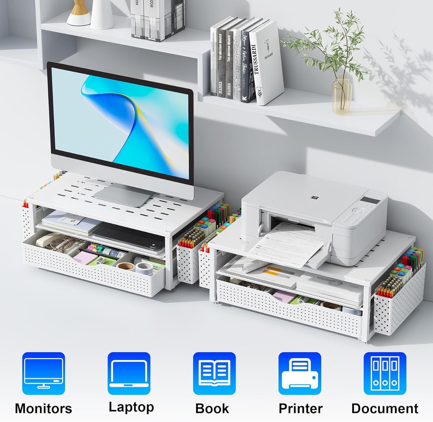 gianotter Monitor Stand Riser, Office Desk Shelf Organizer, Desk Organizer with Drawer and Pen Holder, 2-Tier Computer Stand, Office Organization (Ink)
