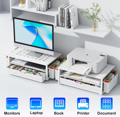 gianotter Monitor Stand Riser, Office Desk Shelf Organizer, Desk Organizer with Drawer and Pen Holder, 2-Tier Computer Stand, Office Organization (Ink)
