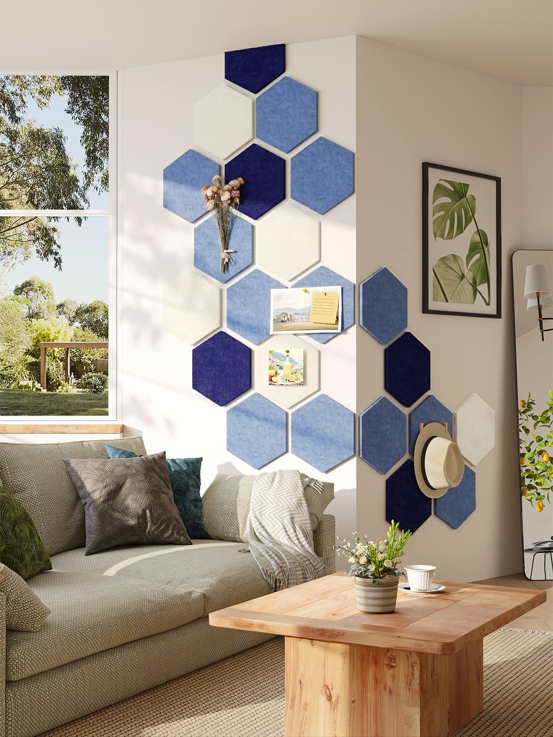 8 Pack Hexagon Felt Bulletin Board Tiles - 12" Large Thick Pin Board for Walls with 30 Push Pins, DIY Boards for Office Home School Decor, Aesthetic Hex Cork Board Alternative