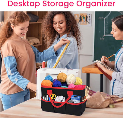 Desktop Tote and Stock Organizer, Teacher Helper Tote Bag Organization for Arts, Books, Stationery, Office Desk Organizer, Make-up Storage Tote with Handles for Travel, Black-Gray