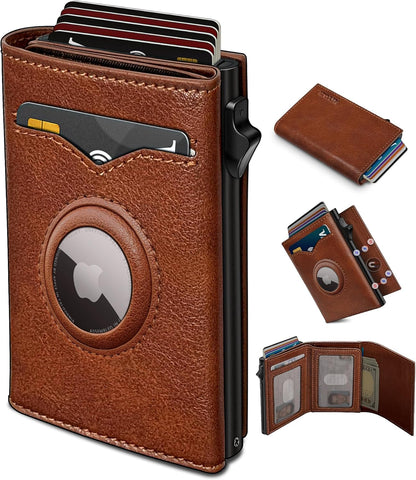 miyozi Airtag Wallet for Men,with Cash Pocket 2 ID Window 9-12 Cards,Metal Case Smart Slim Pop Up Credit Card Holder Flip with Magnetic Closure RFID Blocking Trifold wallet with Gift Box