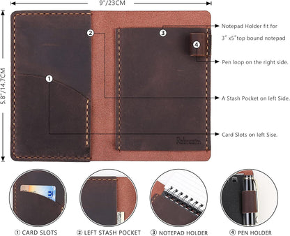 Robrasim Top Bound 3"x5" Memo Notebook Covers, Genuine Leather Cover for 3x5 Top-Spiral Notebook, Memo Book Cover Note Pad Holder Cover Only, Brown