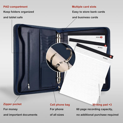 Leathario Portfolio Binder, Includes 10 Sheet Protectors and 3 Notepads, 3-Ring Folder Organizer, A4 Padfolio with Zipper, Vegan Leather Tablet Sleeve, Business Office Conference Clipboards