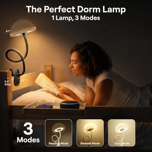 Shroommate Clip On Light and Bed Headboard Lamp, Bedside Table Lamp for Dorm, College Dorm Room Essentials, Night Light for Kids Nursery, Clip on for Desk, MultiColor LEDs, Adapter Included (White)