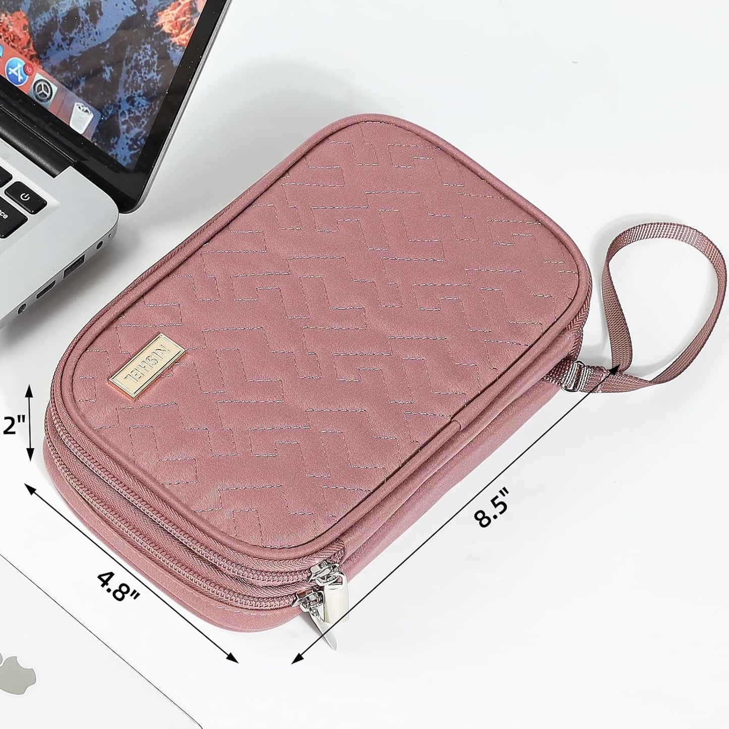 NISHEL Travel Cord Organizer Case, Double Layers Tech Electronic Bag, Essentials for Charger, Cable, Phone, Flash drive, Medium, Pink