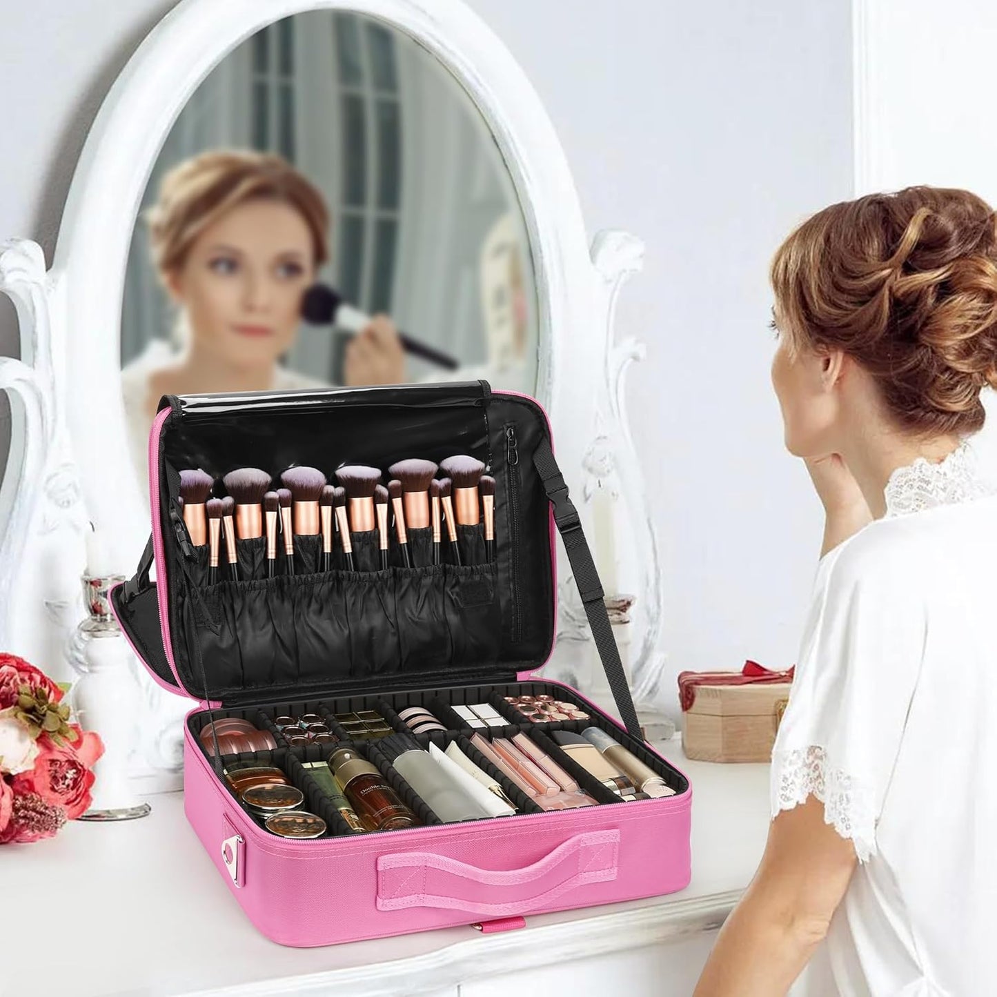 Relavel Makeup Case Large Makeup Bag Professional Train Case 16.5 inches Travel Cosmetic Organizer Brush Holder Waterproof Makeup Artist Storage Box, 3 Layer Large Capacity, with Adjustable Strap