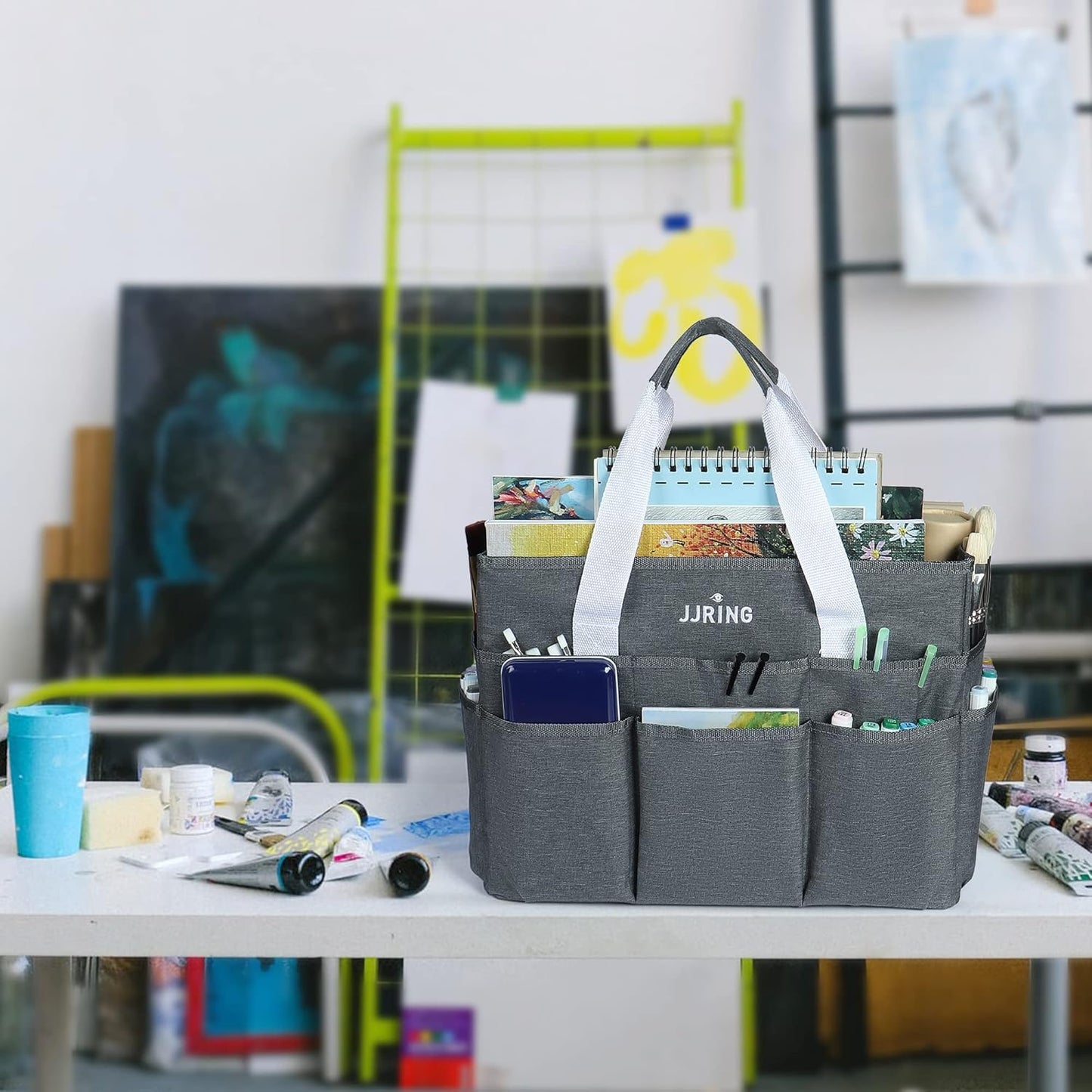 JJRING Craft Organizer Tote Bag for Art Storage, Caddy with Multiple Pockets, Bluish Green Sewing Bag for Scrapbooking, School, Medical, and Office Supplies