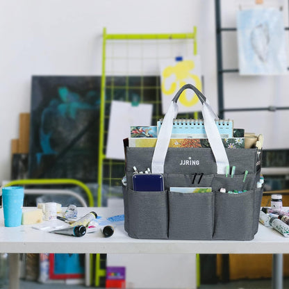 JJRING Craft Organizer Tote Bag for Art Storage, Caddy with Multiple Pockets, Bluish Green Sewing Bag for Scrapbooking, School, Medical, and Office Supplies