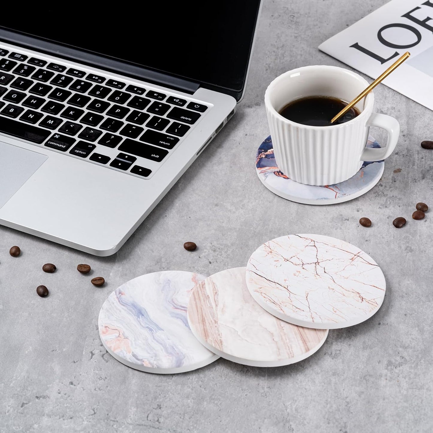 6Pcs Drink Coasters with Holder, Marble Style Ceramic Drink Coaster, Absorbent Coasters Set Suitable for Kinds of Cups, Modern Style Coaster for Coffee Table, 4 Inches
