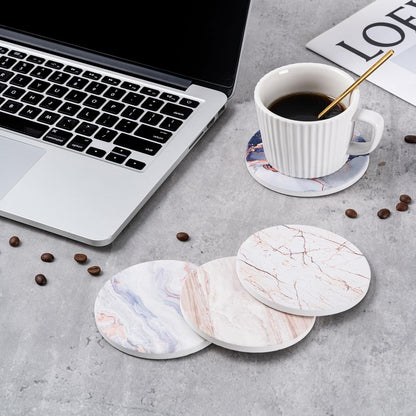 6Pcs Drink Coasters with Holder, Marble Style Ceramic Drink Coaster, Absorbent Coasters Set Suitable for Kinds of Cups, Modern Style Coaster for Coffee Table, 4 Inches
