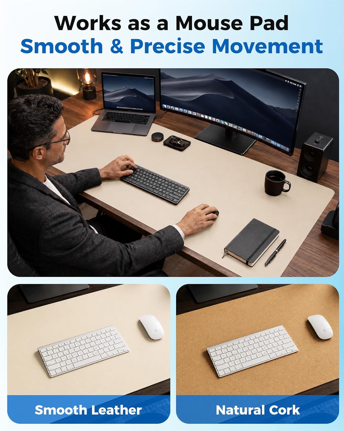 Aothia Dual-Sided Desk Pad - 25.6x13.7 inches Leather Desk Mat, Natural Cork Desk Pad Protector, Large Mouse Pad for Desk, Waterproof Desk Blotter Pad, Desk Writing Pad for Office Work/Home, Black