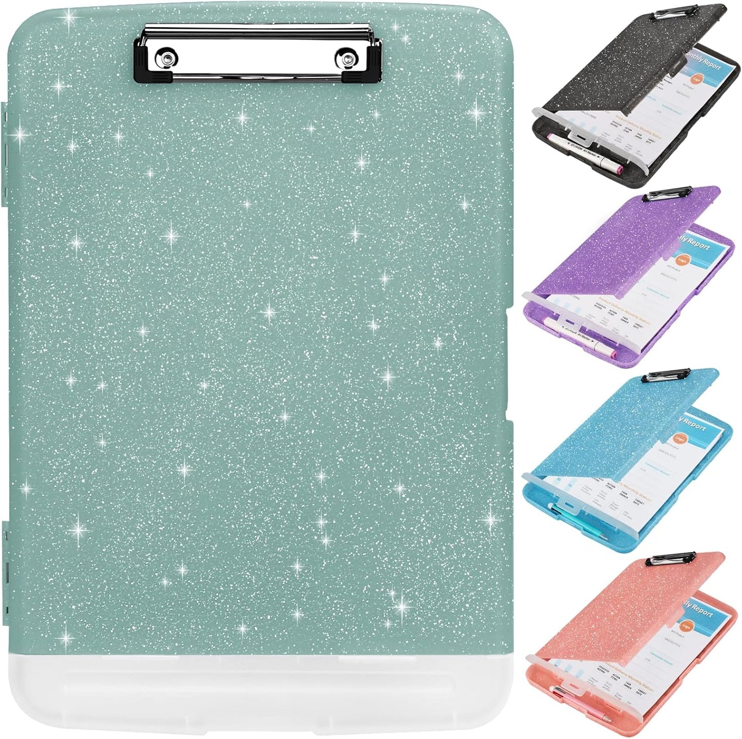 Glitter Clipboard with Storage,Storage Clipboard with Pen Holder,A4 Binder Clip Boards 8.5x11 with Low Profile Clip,Side Opening Sparkle Clipboards, Clipboards Folder for Office Supplies-Starry Black