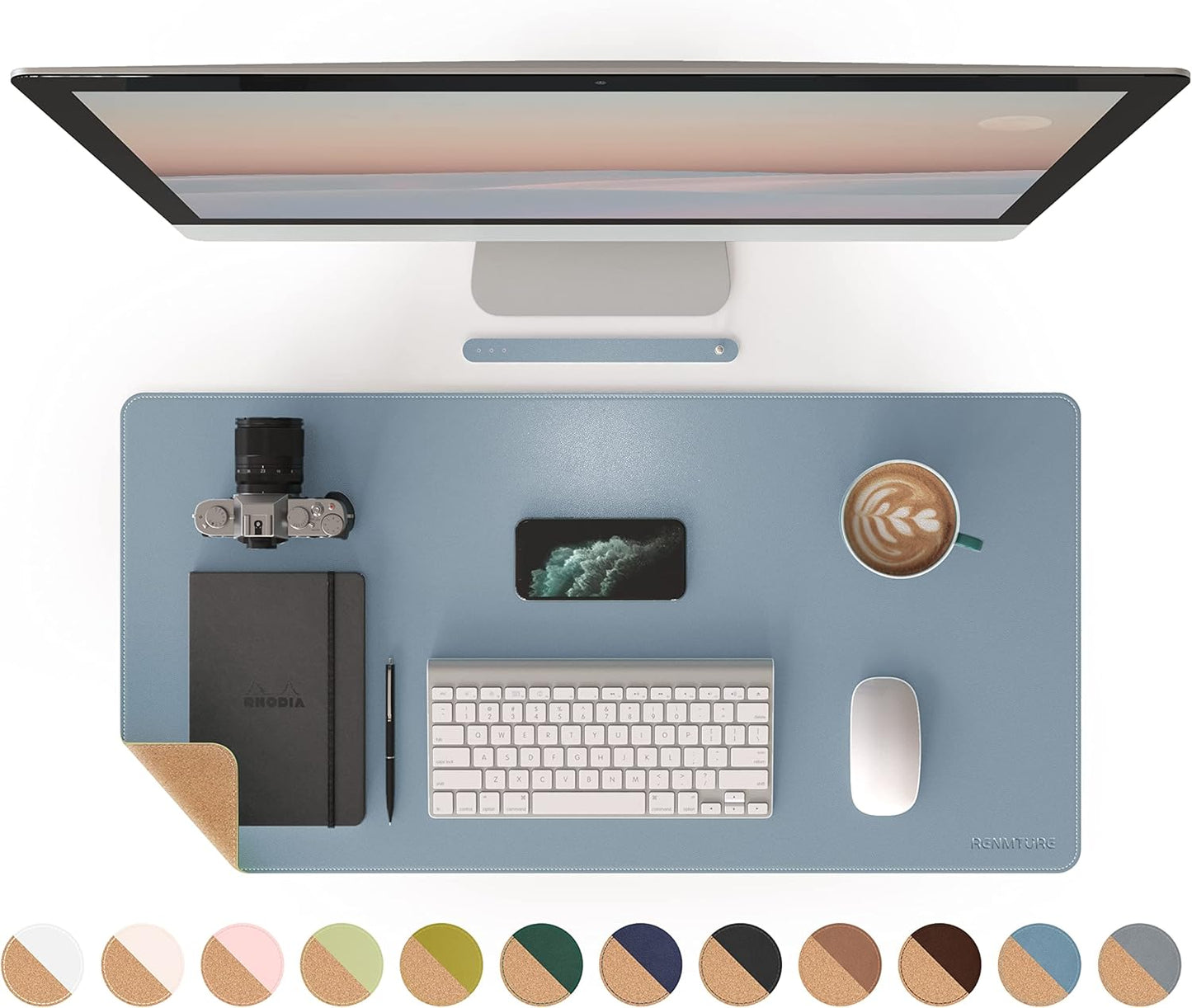 RENMTURE Dual-Sided Mouse Pad, Natural Cork & PU Leather Large Desk Pad for Office and Home Work, Desk Protector Non-Slip, Waterproof, Easy Clean (Olive Green, 32"x16")