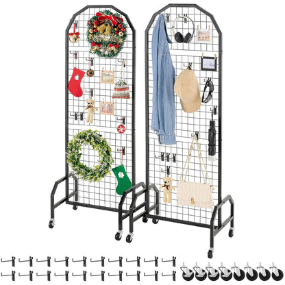VEVOR 2 Packs Grid Wall Panels, 1.9 x 5.4 ft Wire Grid Panels Display Rack, Movable Art Display Shelf with Wheels and 20 Hooks, Black Carbon Steel Gridwall for Craft Show, Decor, Storage, Notice Board