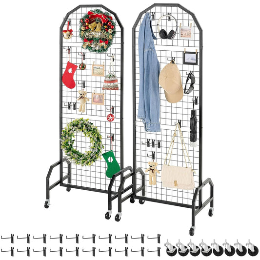 VEVOR 2 Packs Grid Wall Panels, 1.9 x 5.4 ft Wire Grid Panels Display Rack, Movable Art Display Shelf with Wheels and 20 Hooks, Black Carbon Steel Gridwall for Craft Show, Decor, Storage, Notice Board