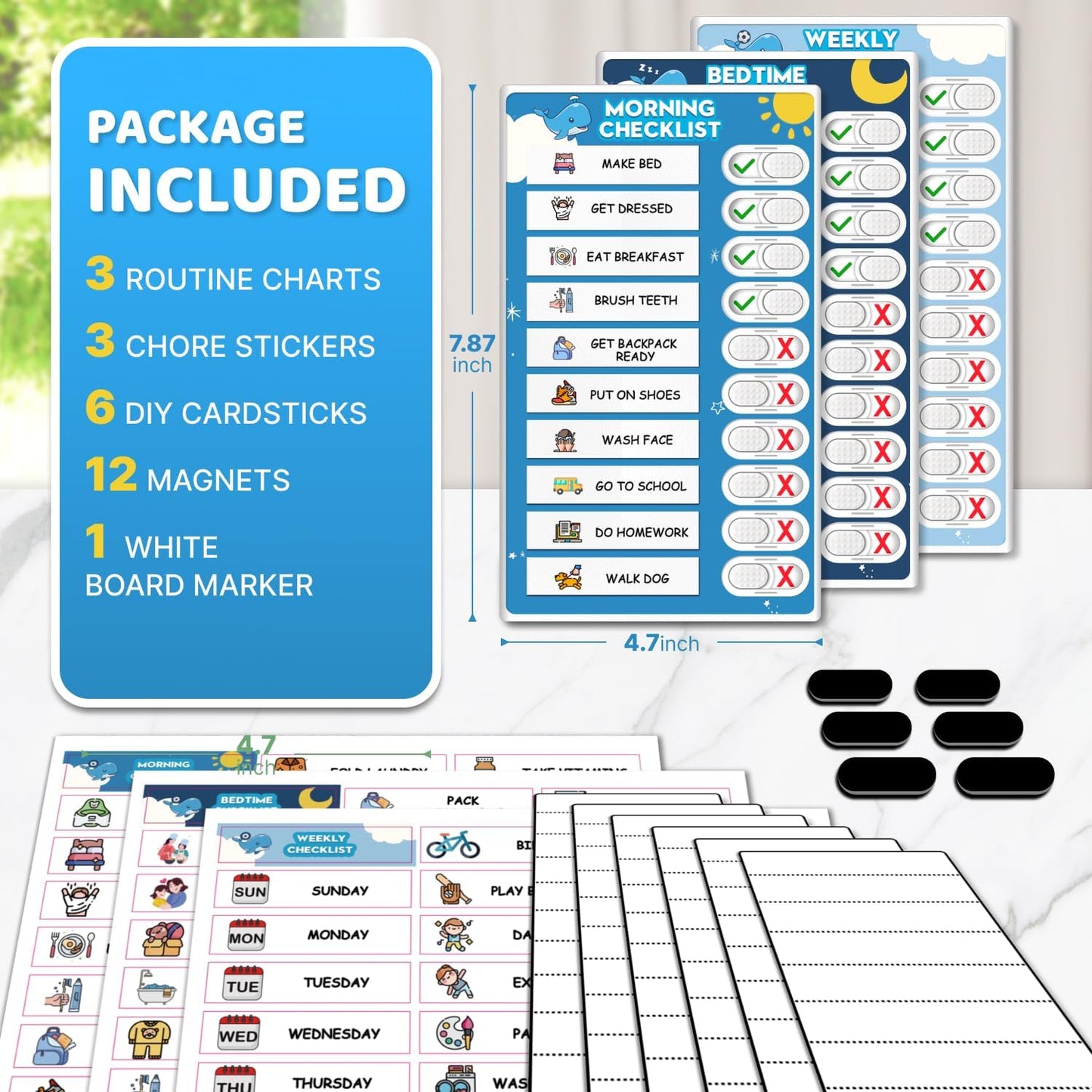 Upgraded Slider Dry Erase Chore Chart for Kids, Whiteboard Magnetic Chore Chart for 2 Kids, Reusable Morning/Bedtime Routine Chart for Kid Toddlers Teens Adult, Visual Schedule for Kid with Autism