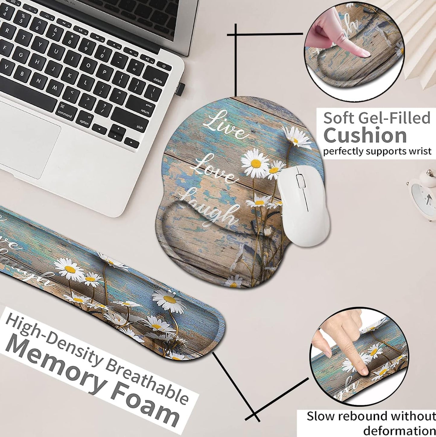Mouse Pad with Wrist Support, Ergonomic Gel Mouse Pad Beautiful Flowers,Pink Hyacinths on Wood Panel，Non-Slip Durable, Memory Foam Keyboard Wrist Rest, Suitable for Office Typing Games