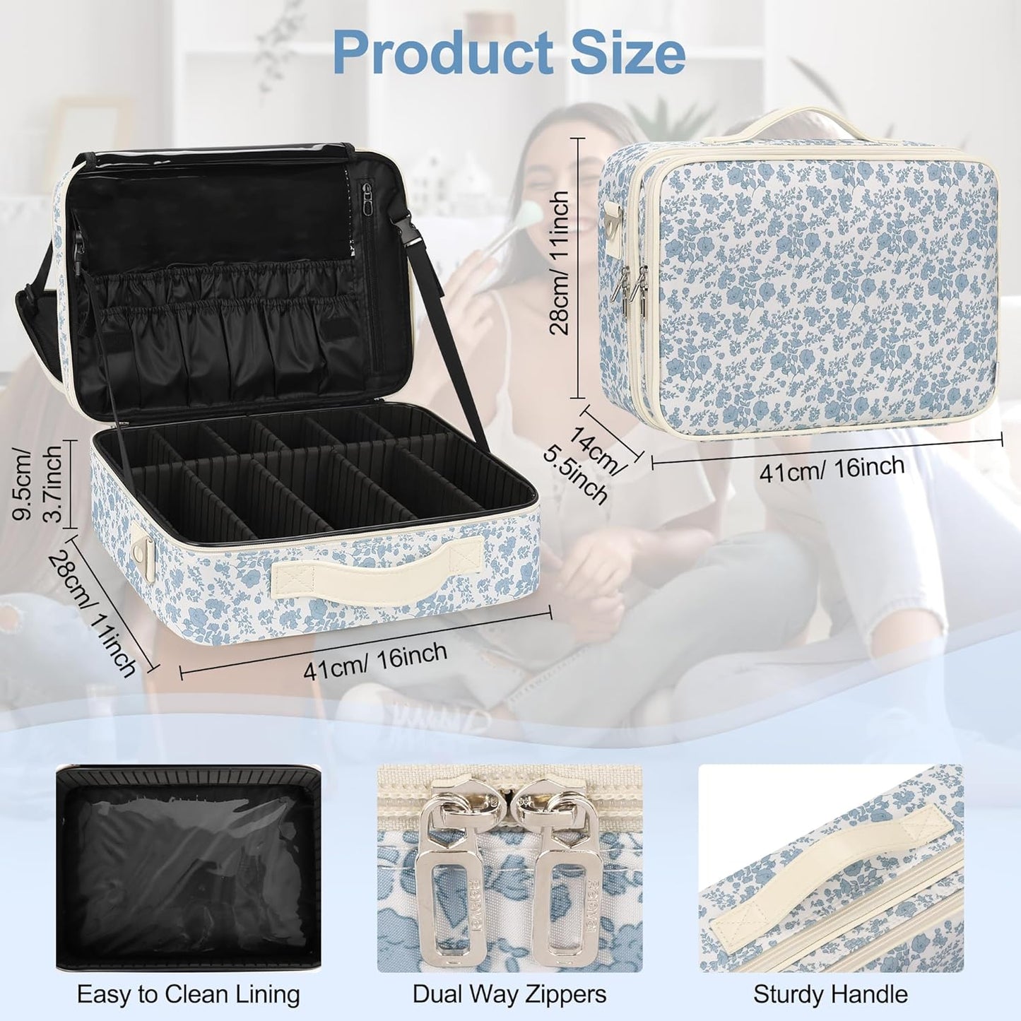 Relavel Makeup Case Large Makeup Bag Professional Train Case 16.5 inches Travel Cosmetic Organizer Brush Holder Waterproof Makeup Artist Storage Box, 3 Layer Large Capacity, with Adjustable Strap