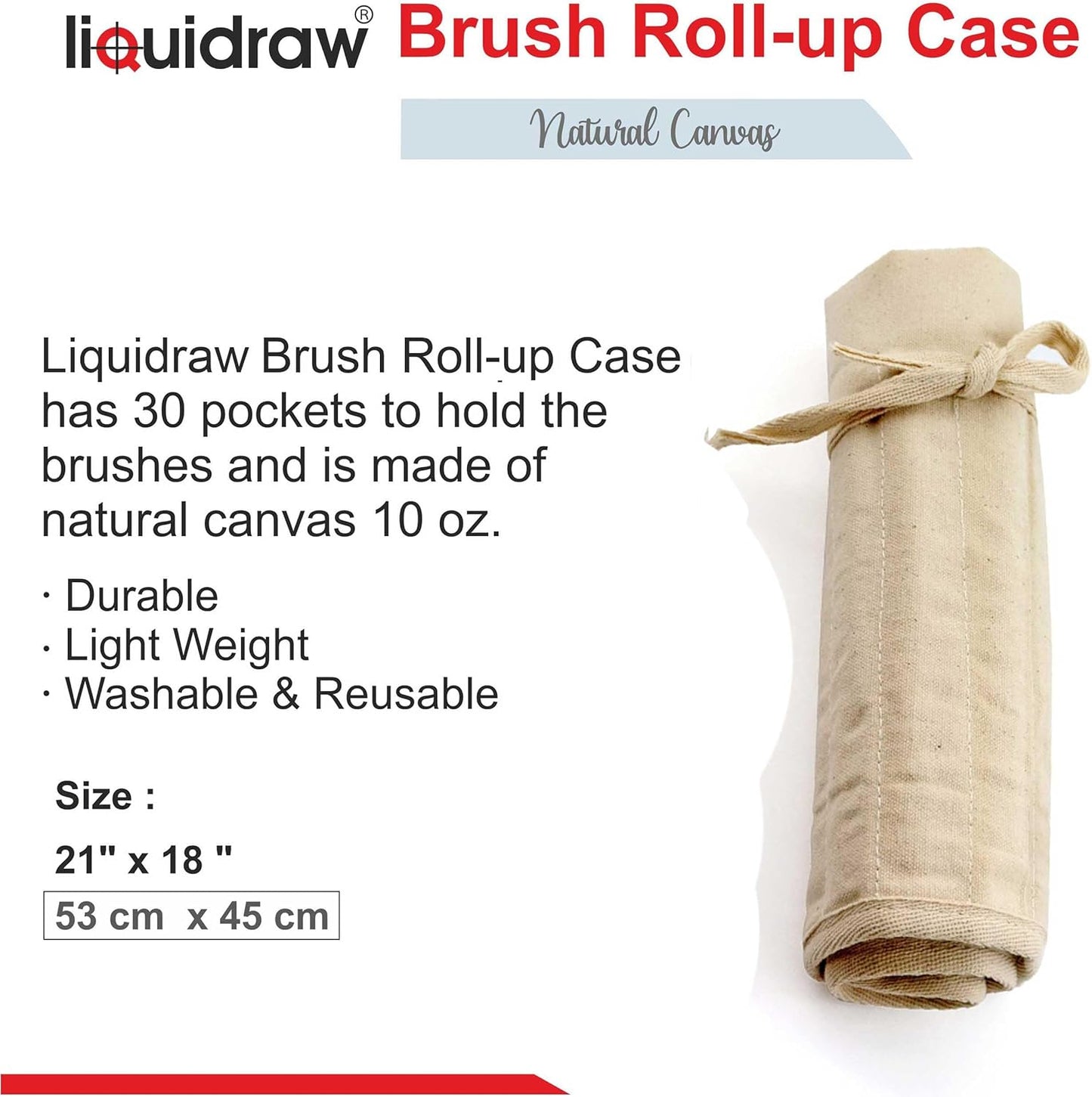 Liquidraw 30 Pocket Canvas Paint Brush Holder - Natural | 21" x 18" | Roll Up Brush Storage Pouch | Ideal Case for Paintbrush & Art Tool Storage | Easy to Carry | Also Great for Storing Makeup Brushes