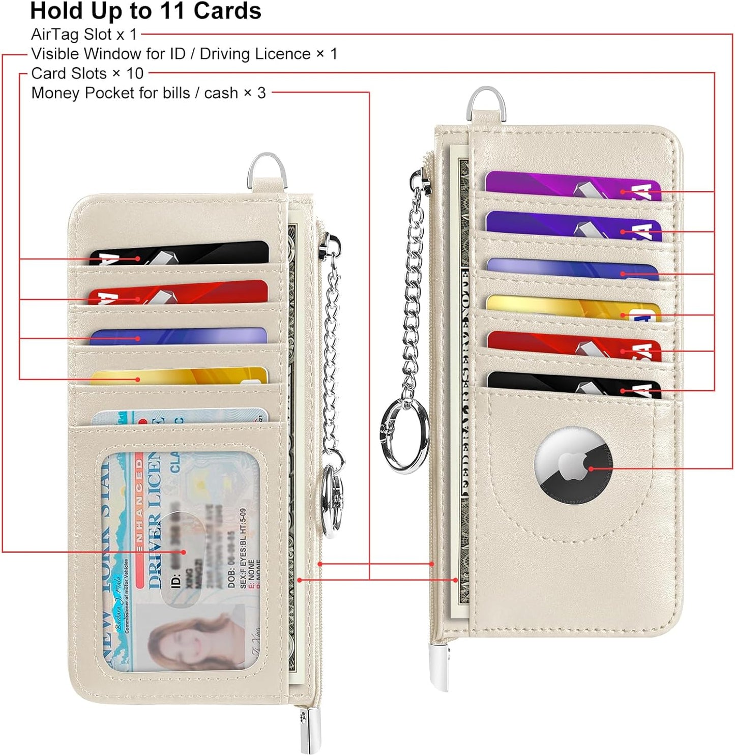 RFID Blocking Slim Credit Card Holder Wallet with Zipper Money Pocket & Keychain, Slim Airtag Wallet for Men Women