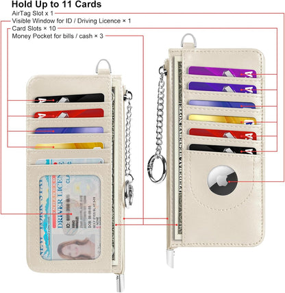 RFID Blocking Slim Credit Card Holder Wallet with Zipper Money Pocket & Keychain, Slim Airtag Wallet for Men Women