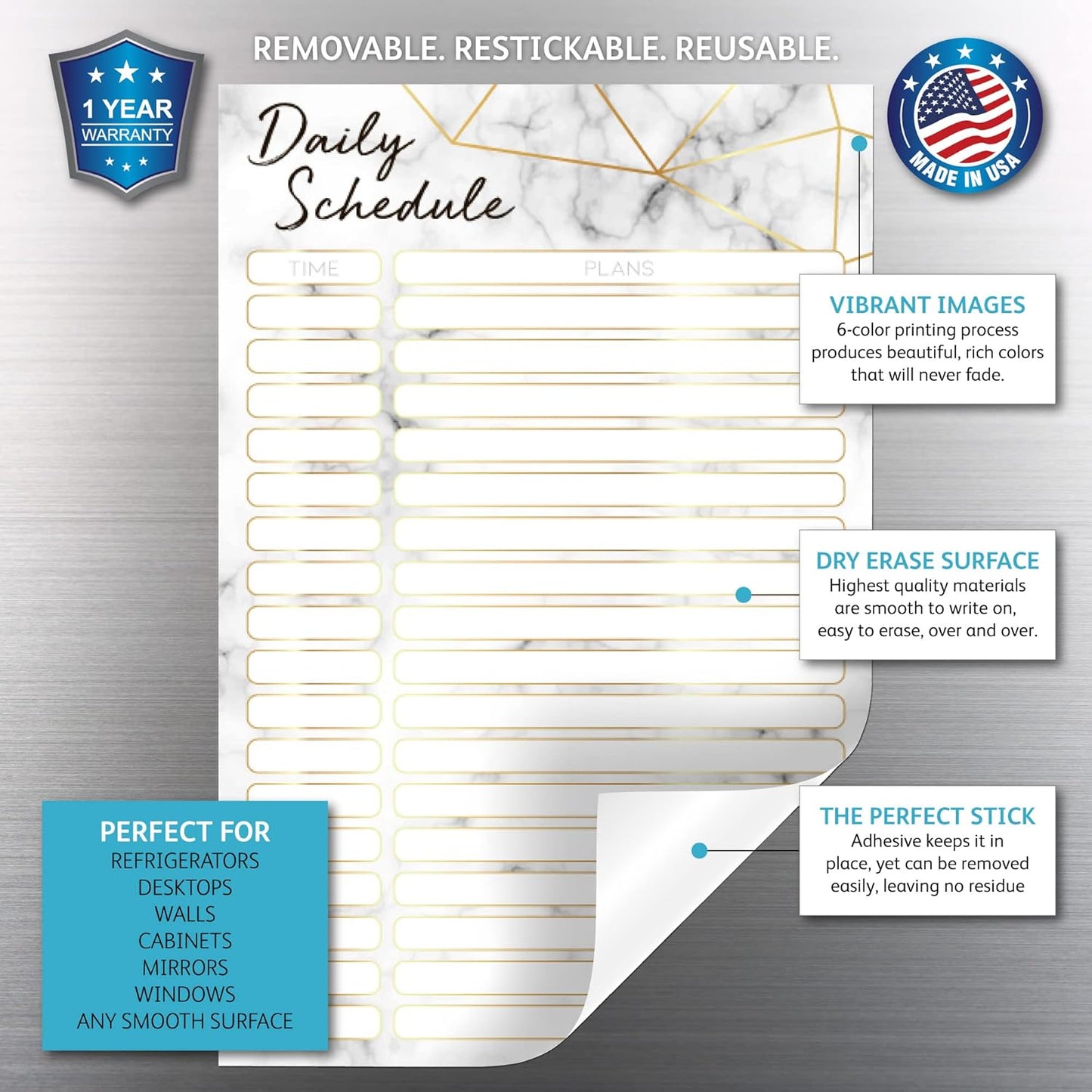 Dry Erase Daily Schedule Planner Sticker Decal by Glassboard Studio | Removable & Reusable | Magnetic Fine-Tip Marker Included (9 x 12 inches, White)