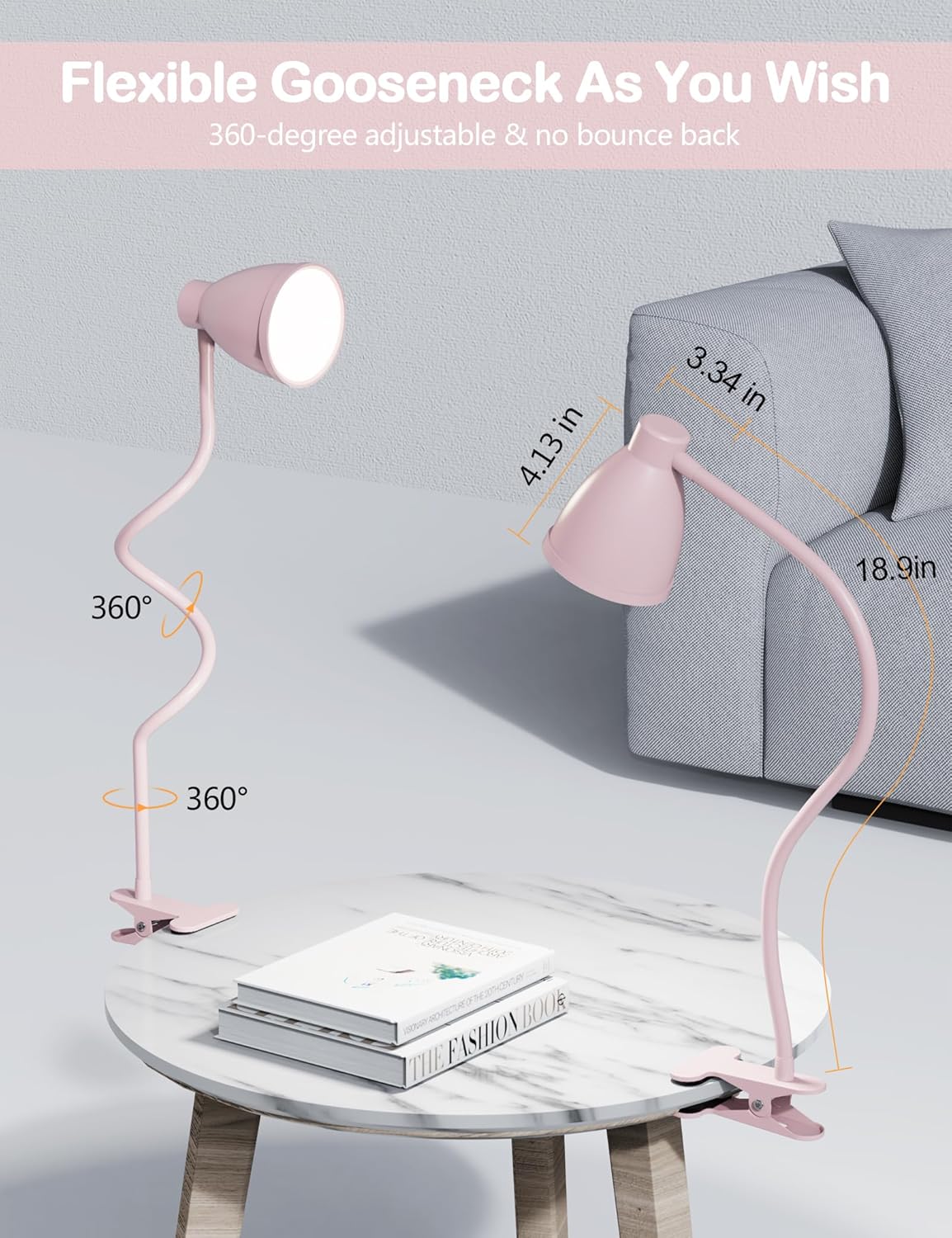 BOHON Clip on Light, 10W 38 LED Desk Lamp with Clamp, 5 Color 10 Brightness Auto Off Timer, Flexible Neck Clip Lamp, Desk Lights for Office Home Bed Bedside Reading, Bright Yellow