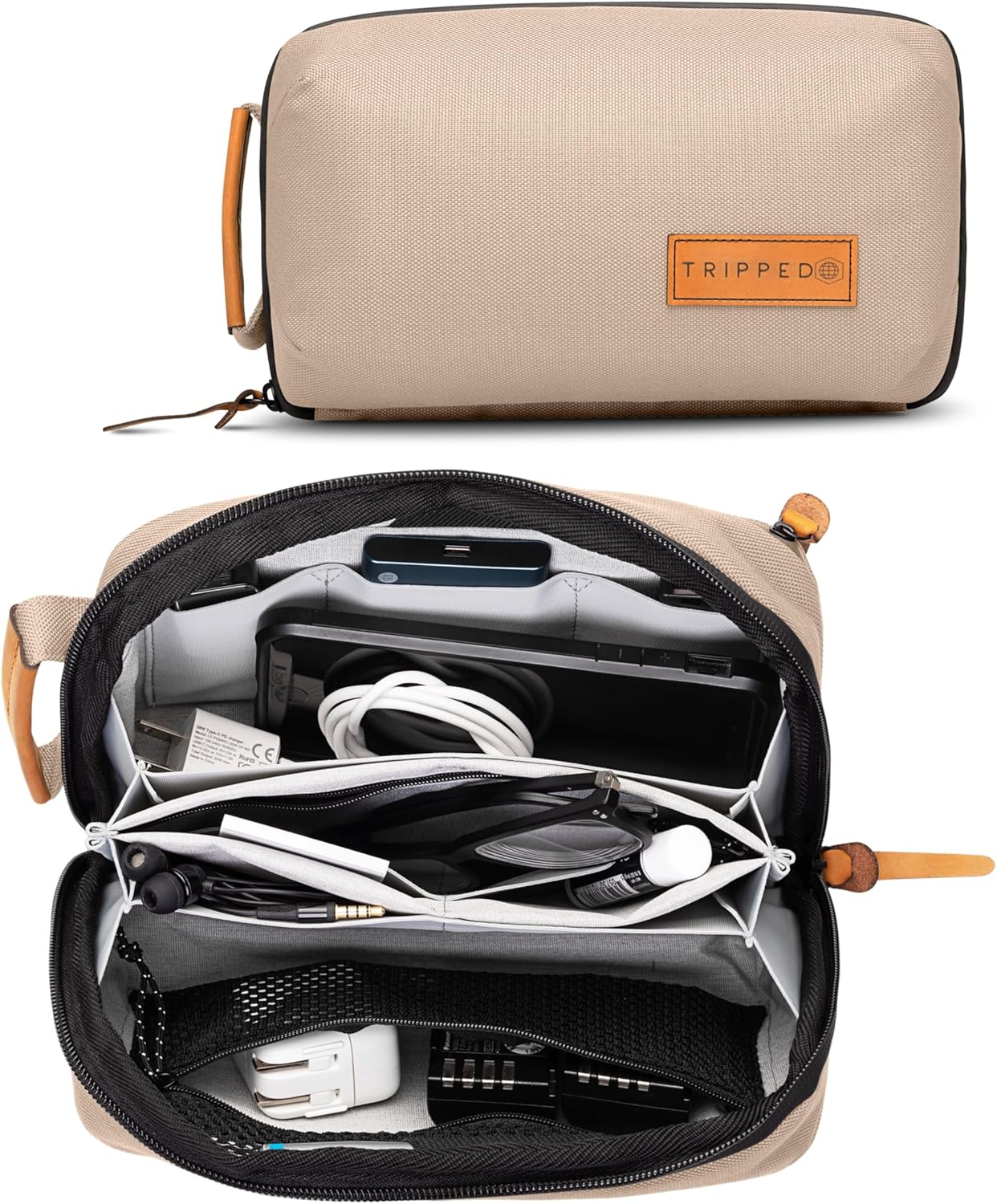 Tech Bag Organizer - Small Electronics Organizer Pouch for Travel - Premium Travel Case with Leather Accents - Mesh Pocket for Cables, Cords and Chargers (Black)
