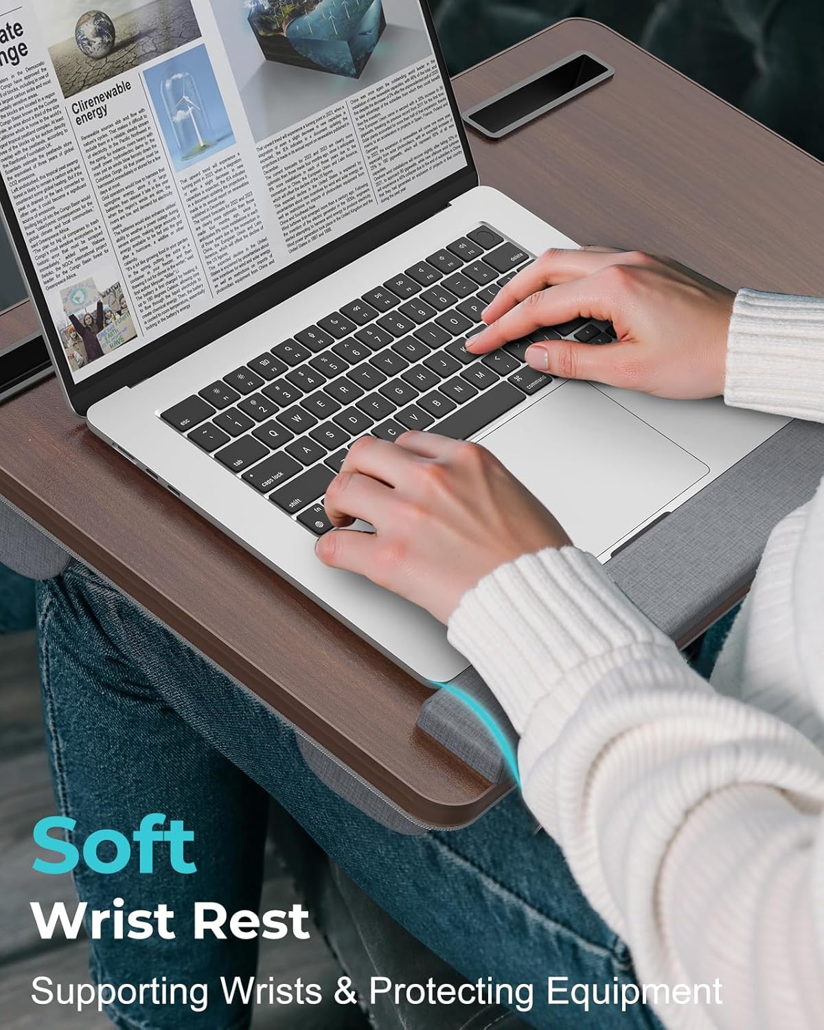 Potuopy Lap Desk- Fits up to 17” Laptop Lap Desk with Wrist Pad, Laptop Lap Pad, Lap Desks for Adults Laptop Stand for Bed with Cushion and 2 Upgraded Mouse Pads, Tablet and Phone Slots (Dark Brown)
