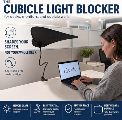 Livvie Cubicle Shade & Laptop Sun Shade for Working Outside — Adjustable Desk Shade Blocks Overhead Fluorescent Light & Window Glare — Foldable Cubicle Light Blocker for Light-Sensitive Workers