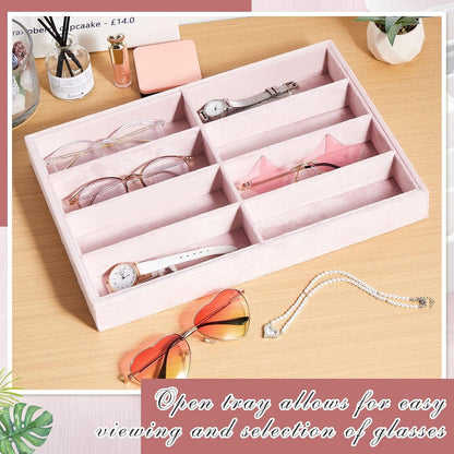 Amylove 2 Pcs Sunglass Organizer Trays Glasses Stackable Jewelry Trays Sunglass Organizer Display Box(8 Grids,Beige)
